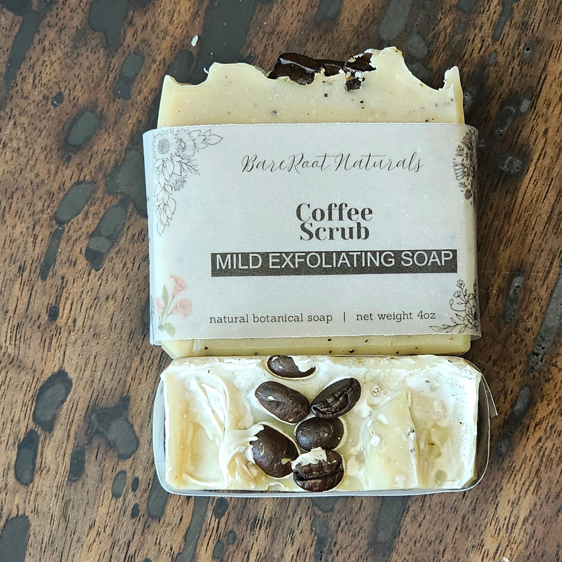 Bar of soap with coffee beans on a wooden surface